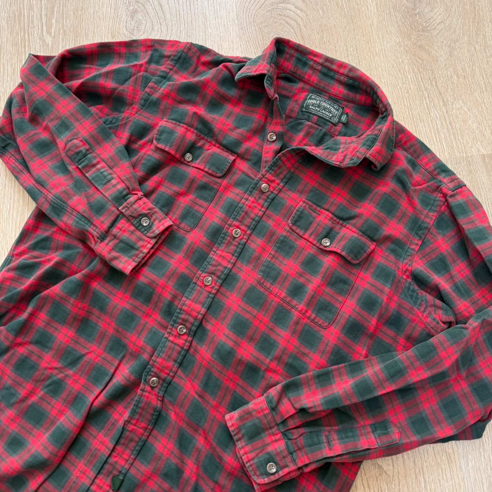 Vintage Polo Country Ralph Lauren Flannel Shirt Mens L Red Green Plaid Cotton